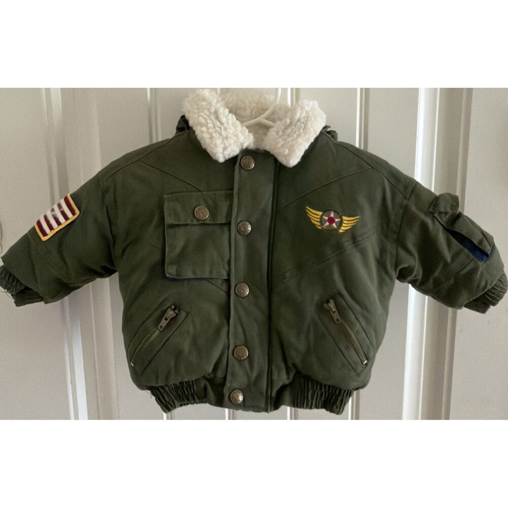 Toddler Bomber Jacket Green w/ Hood Patches Size 12M